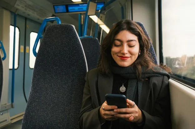 Mujer en tren jugando al póker online | Créditos: Felipe Ditadi | Fuente: Unplash
